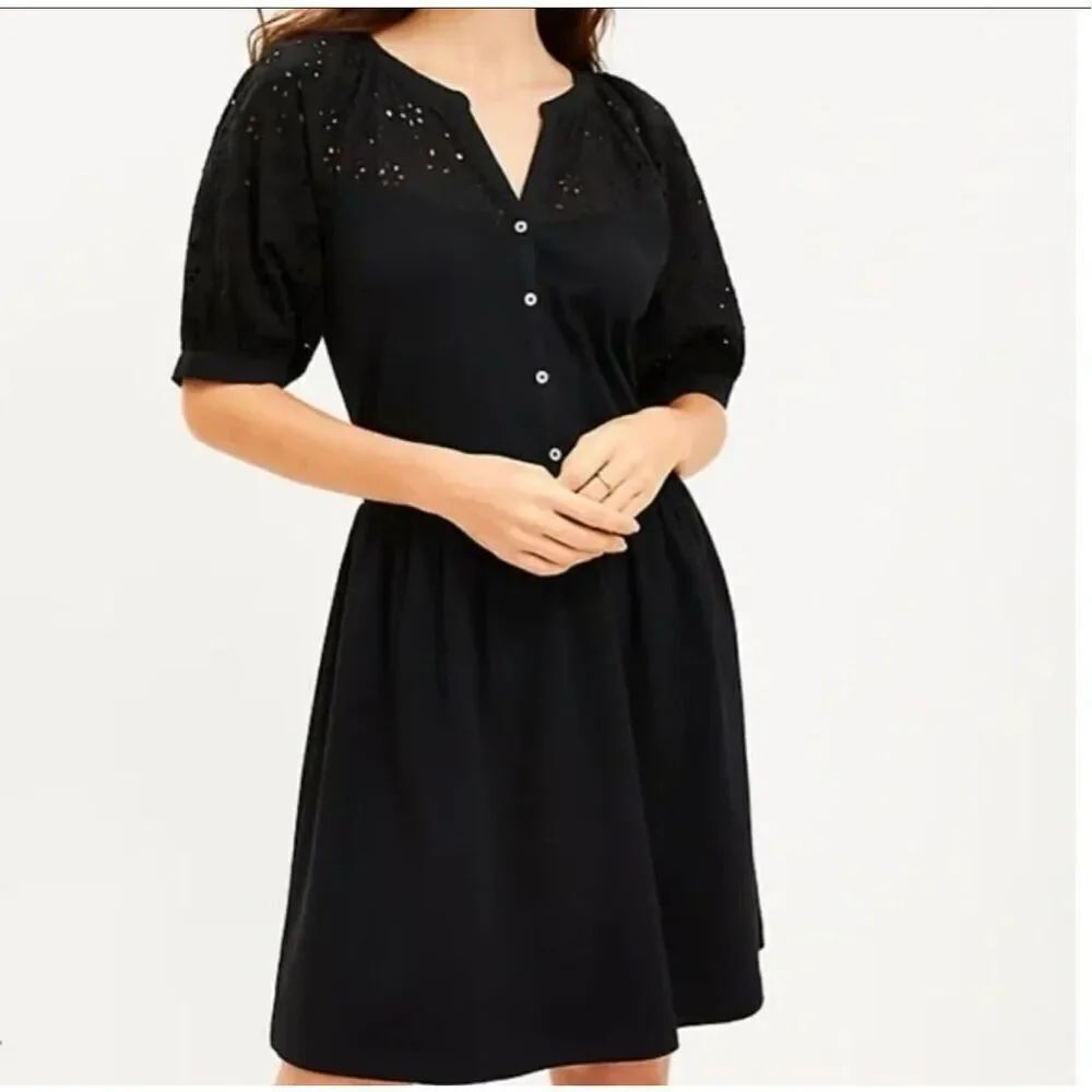 Loft black mixed media eyelet puff sleeve dress
